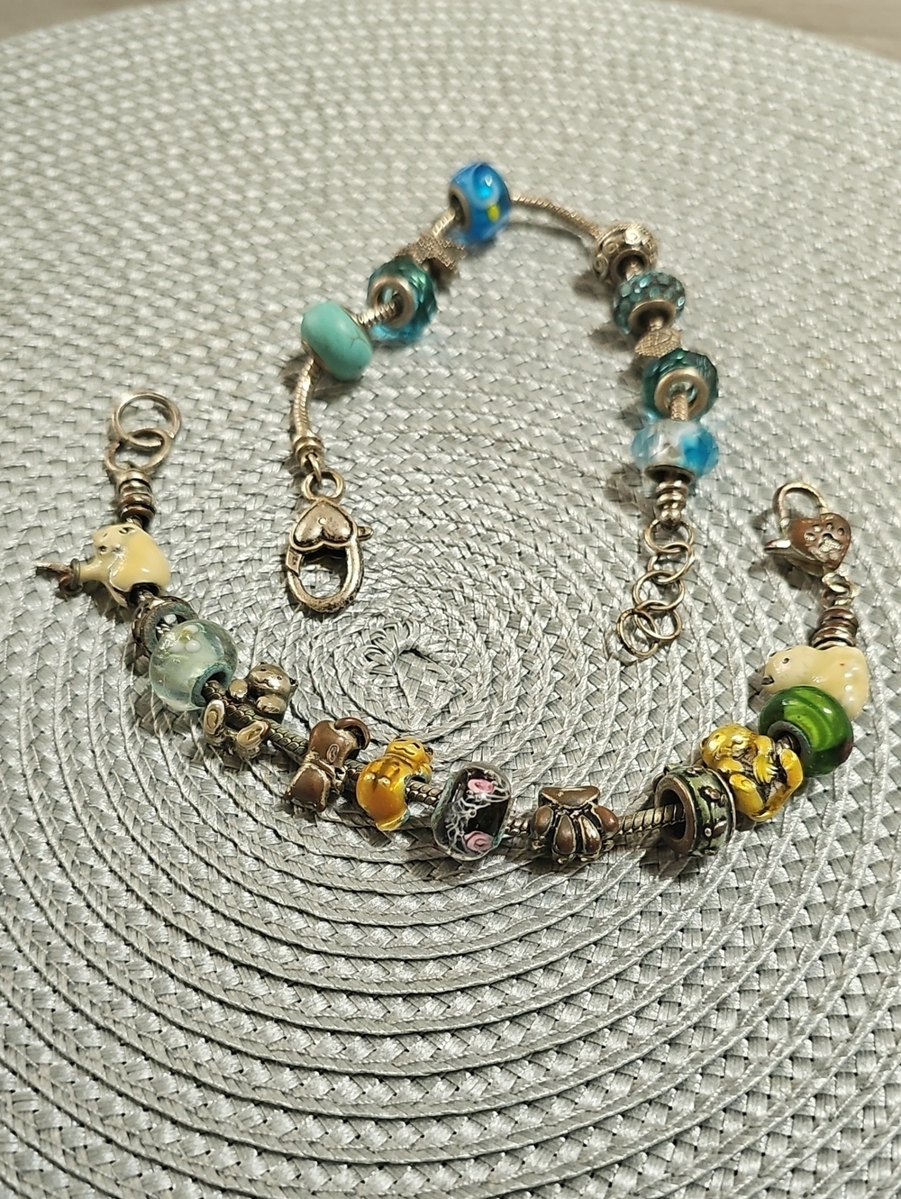 Charm Bracelets  with Blue, Green and Yellow Glass And Ceramic  Beads